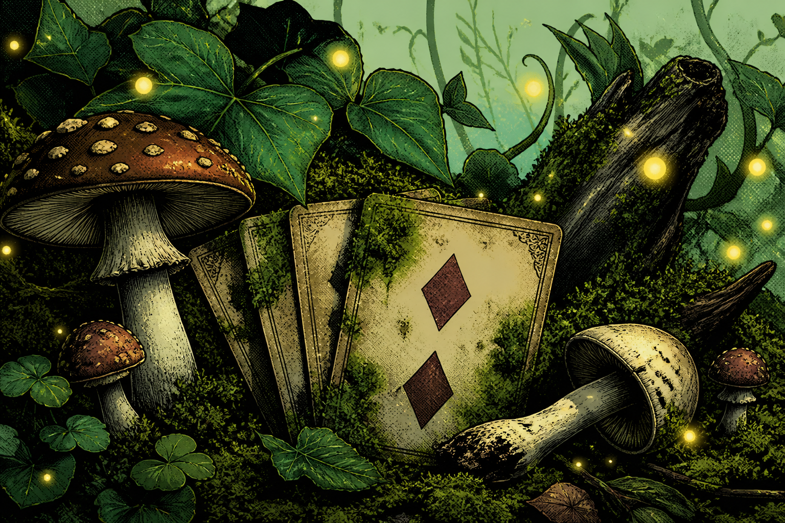 Forest mushrooms and playing cards