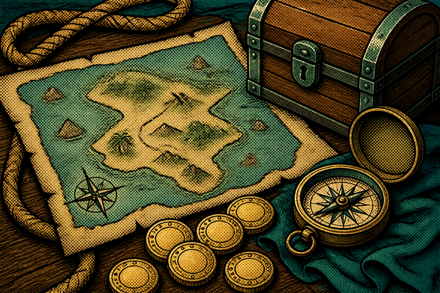 Map, rope and token still life