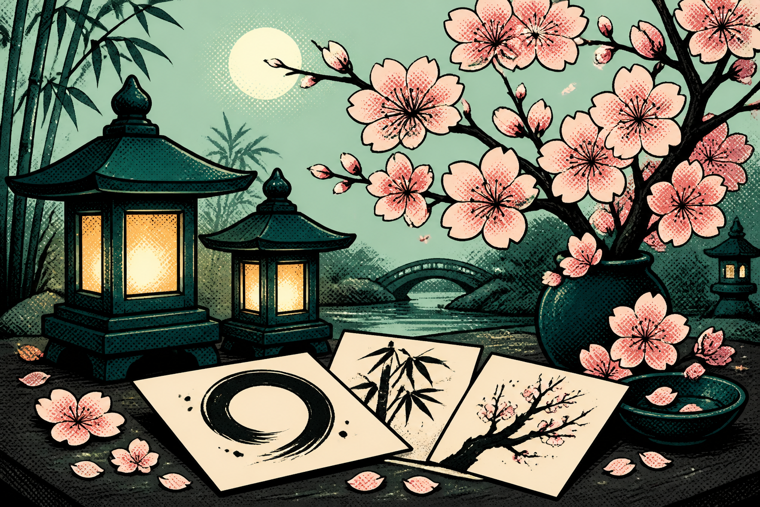 Lanterns and blossom branches beside ink-style cards
